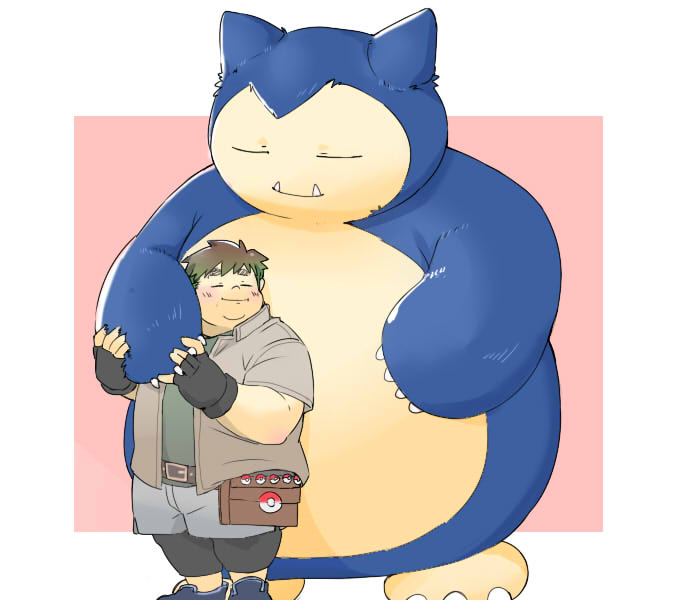 anthro belly blue_body bottomwear clothing duo eyes_closed hug humanoid_hands kemono male overweight overweight_male pokeball shirt shorts topwear inunoshippo nintendo pokemon generation_1_pokemon human mammal pokemon_(species) snorlax 2022