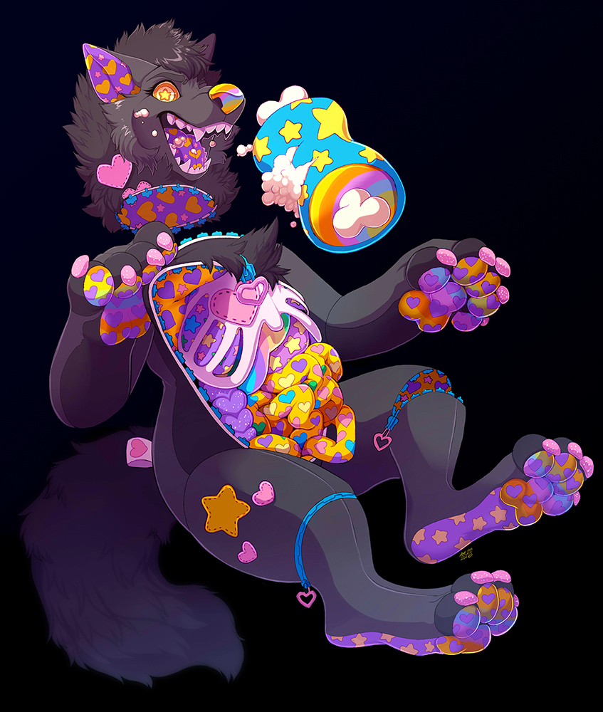 ambiguous_gender anthro black_background black_body black_fur black_hair candy_gore fur gore hair heart_symbol pawpads plushie plushie_gore simple_background solo tail aycee animate_inanimate canid canine living_plushie mammal 2016