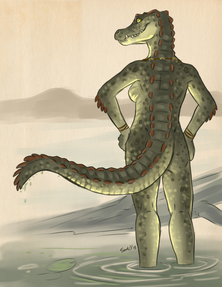 anthro breasts day detailed_background female hands_on_hips non-mammal_breasts nude outside partially_submerged side_boob smile solo standing swamp teeth water yellow_eyes caribou_(artist) vaimiti crocodile crocodilian reptile saltwater_crocodile scalie 2018