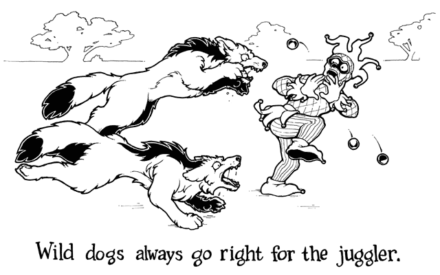 attack feral fierce group humor jester juggler male pun tail text violence helvetica_(artist) canid canine canis human mammal wolf 16:10 black_and_white english_text monochrome widescreen