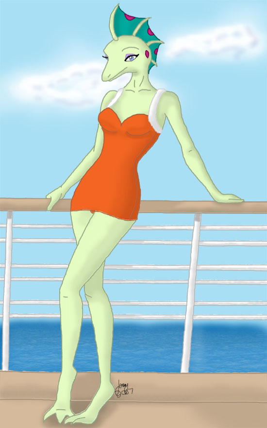 anthro biped clothing female fin leaning solo standing swimwear boricuankitty the_adventures_of_t-rex myrna scalie 5:8