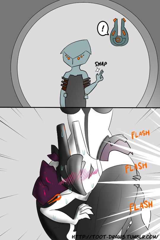 blush bodily_fluids breasts embarrassed exclamation_point female headlock male photography sweat taking_picture toot digital_extremes tencent warframe equinox_(warframe) saryn_(warframe) volt_(warframe) alien tenno 2:3 comic