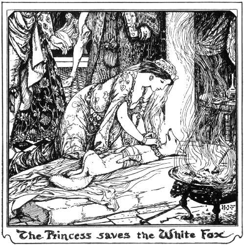 ambiguous_gender bandage clothed clothing collar duo ear_piercing ear_ring eye_contact female feral fire fur hair inside looking_at_another male nude piercing ring_piercing short_hair text white_body white_fur wounded h_j_ford fairy_tales lang's_fairy_books public_domain the_comb_and_the_collar the_olive_fairy_book canid canine fox human mammal 1907 20th_century ancient_art black_and_white low_res monochrome traditional_media_(artwork)