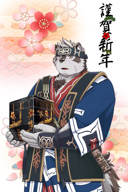 ainu_clothing anthro brown_body brown_fur brown_hair brown_tail clothed clothing floral_background fur grey_body grey_fur grey_tail hair male solo tail text grausummon lifewonders tokyo_afterschool_summoners horkeu_kamui_(tas) canid canine canis mammal wolf 2020 colored japanese_text