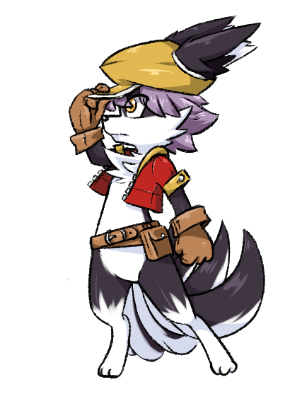 anthro belt black_nose chest_fur chest_tuft clothed clothing fur furgonomics gloves hair handwear hat headgear headwear male multi_tail solo standing tail tuft white_body white_fur yellow_eyes earthb-kun canid canine canis domestic_dog mammal 2017 alpha_channel digital_media_(artwork)