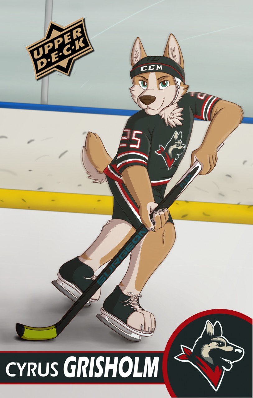 anthro blue_eyes bottomwear card_template claws clothing fur hockey hockey_card hockey_jersey hockey_player hockey_stick holding_object ice_rink ice_skates inside logo looking_at_viewer male multicolored_body multicolored_fur number short_sleeves short_tail shorts skating smile solo sport tail tan_body tan_fur tan_tail trading_card trading_card_template two_tone_body two_tone_fur kutekittykatt canid canine canis domestic_dog herding_dog mammal pastoral_dog welsh_corgi character_name full-length_portrait hi_res portrait