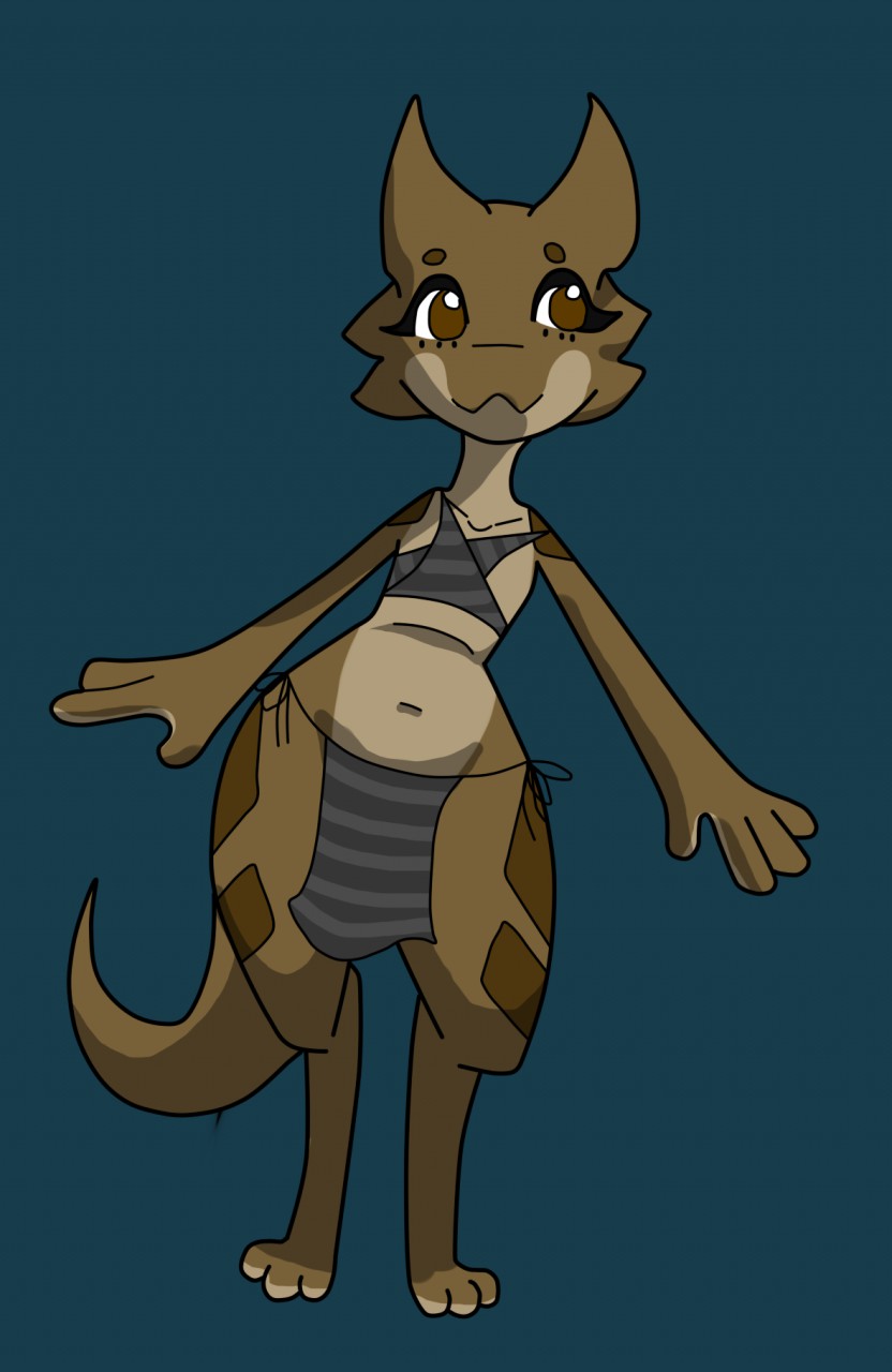 anthro bottomwear brown_eyes brown_tail clothing dark_body dark_scales eyelashes female grey_clothing markings multicolored_body multicolored_scales navel paws scales smile solo tail topwear two_tone_body two_tone_scales wide_hips squablodecomplash wiggles_(squablodecomplash) kobold reptile scalie 2019 hi_res