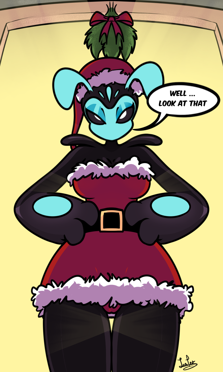 antennae_(anatomy) anthro bedroom_eyes big_breasts biped black_body black_sclera breasts camel_toe christmas_clothing christmas_dress christmas_headwear cleavage clothed clothing dialogue dress eyeshadow female front_view hands_on_hips hat headgear headwear holidays looking_at_viewer makeup mistletoe mouthless narrowed_eyes noseless panties plant red_clothing red_panties red_underwear santa_hat seductive solo speech_bubble strapless_clothing strapless_dress talking_to_viewer underwear wide_hips leyla0223 christmas px_0-25 alien animal_humanoid humanoid 3:5 hi_res
