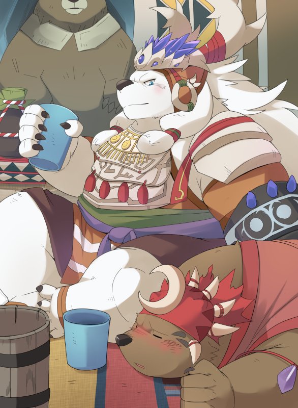 anthro brown_body brown_fur clothed clothing fur group male overweight overweight_male sitting white_body white_fur ayame42612 sdorica crushfang_(sdorica_sunset) dagger_(sdorica_sunset) bear mammal polar_bear ursine 2018