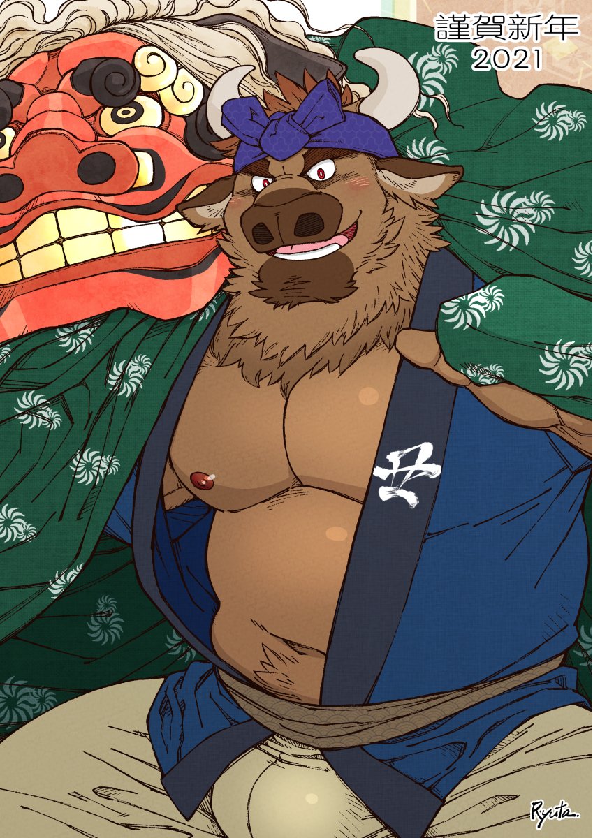 anthro belly blush bottomwear brown_body brown_fur clothing fur holidays kemono lion_dance male moobs musclegut muscular navel nipples overweight overweight_anthro overweight_male pants solo ryuta-h chinese_zodiac new_year year_of_the_ox bovid bovine cattle mammal 2021 hi_res