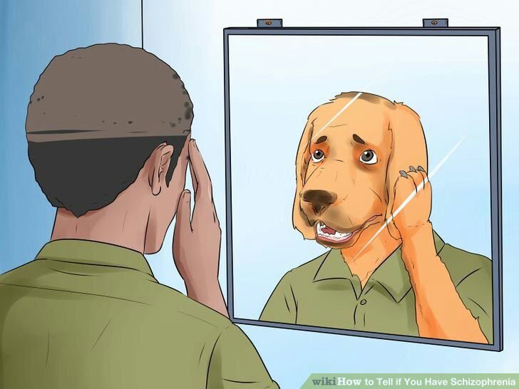 altered_reflection anthro black_hair claws clothed clothing fur hair hand_on_face implied_transformation inside male mirror paws reflection schizophrenia solo text transformation yellow_body yellow_fur unknown_artist wikihow canid canine canis domestic_dog human mammal 4:3 english_text