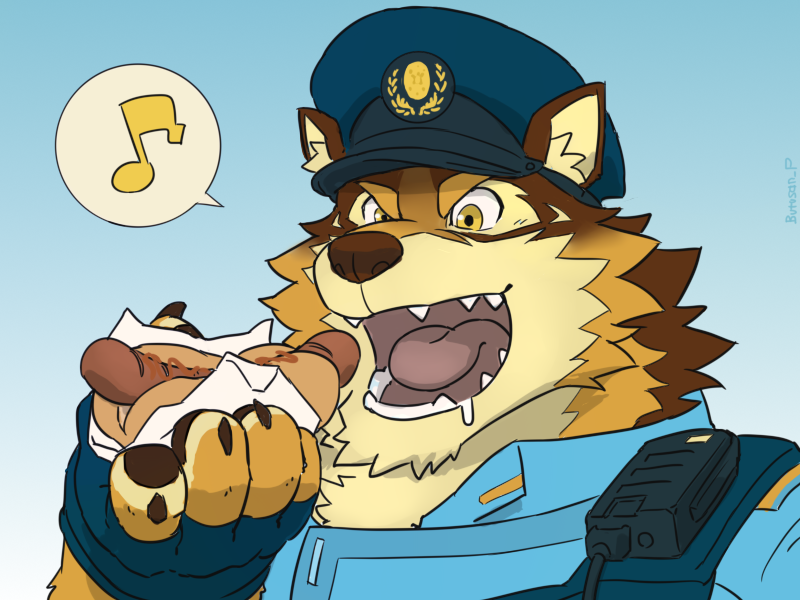 anthro bodily_fluids clothing countershading drooling eating food hot_dog male musical_note musical_symbol police police_hat police_uniform saliva solo symbol uniform butusan_p lifewonders live_a_hero barrel_(live_a_hero) canid canine canis mammal wolf 4:3