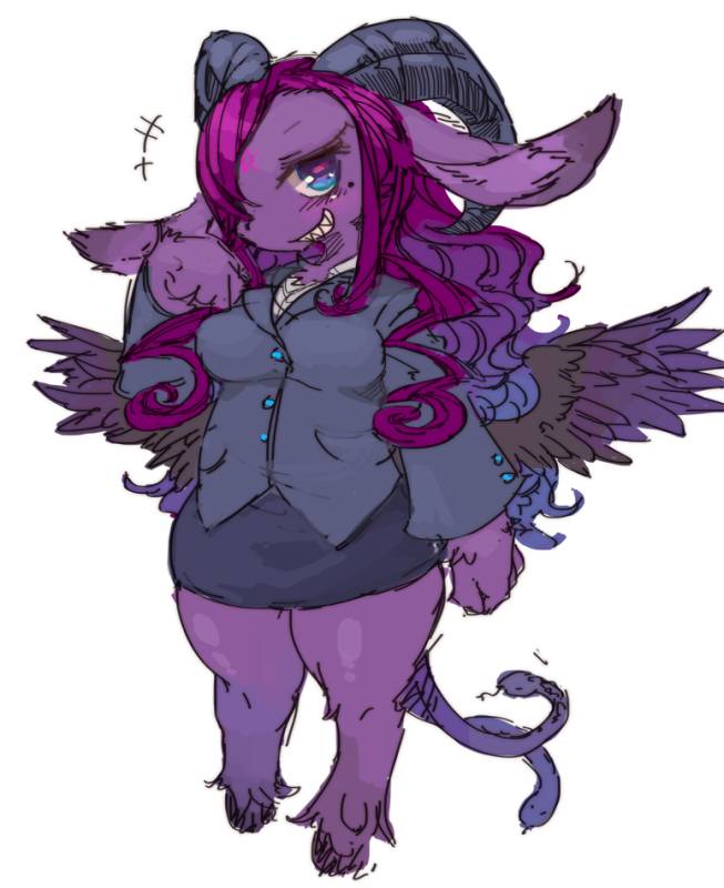 anthro blue_eyes bovid_horn breasts caprine_horn clothed clothing feathered_wings feathers female fur grin hair horn kemono living_tail purple_body purple_fur purple_hair ram_horn school_uniform smile snake_tail solo tail uniform unusual_anatomy unusual_tail wings kishibe baphomet_(deity) bovid caprine caprine_demon deity demon goat_demon mammal reptile scalie sheep_demon snake