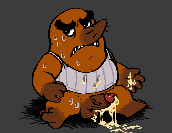 after_masturbation anthro balls barazoku bodily_fluids brown_body brown_fur clothing cum cum_on_ground cum_on_hand cum_on_penis fur genital_fluids genitals male penis shirt simple_background sitting slightly_chubby solo topwear saltshovel animal_crossing nintendo mr._resetti eulipotyphlan mammal mole_(animal)