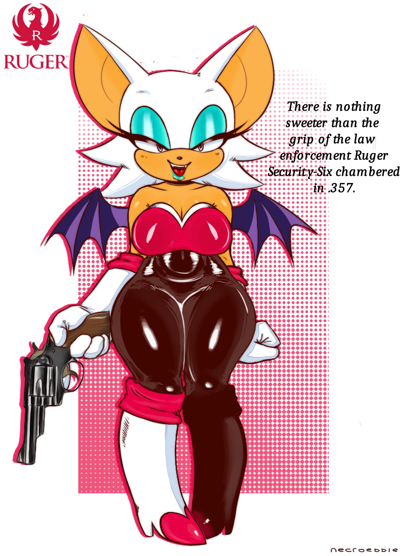 advertisement bottomwear breasts clothing female glistening glistening_bottomwear glistening_clothing gun handgun ranged_weapon revolver simple_background solo text thick_thighs tight_bottomwear tight_clothing weapon necroeddie ruger_(brand) sega sonic_the_hedgehog_(series) rouge_the_bat bat mammal english_text promotional_material