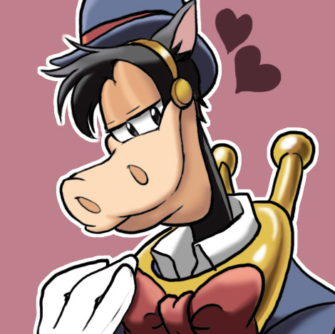 anthro black_eyes bow_tie clothed clothing gloves half-closed_eyes handwear happy hat headgear headwear heart_symbol looking_at_viewer male narrowed_eyes pink_background pink_ears simple_background smile solo standing suit natsu-nori disney horace_horsecollar equid equine horse mammal low_res