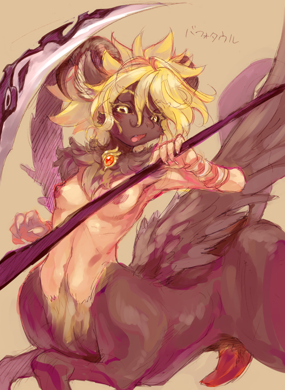 blonde_hair bovid_horn breasts brown_body brown_fur caprine_horn erection feathered_wings feathers fur genitals gynomorph hair horn inner_ear_fluff intersex melee_weapon nipples nude penis polearm quadruped ram_horn scythe solo tail text tuft weapon wings yellow_eyes cotora baphomet_(deity) bovid bovid_taur caprine caprine_demon caprine_taur deity demon goat_demon mammal mammal_taur taur translated