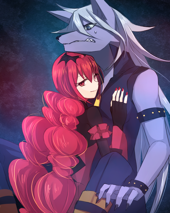 anthro blue_eyes bodily_fluids clothing duo female fur grey_body grey_fur hair kneeling male red_eyes red_hair sitting sweat white_hair shokusho_ura pretty_cure smile_pretty_cure hoshizora_miyuki wolfrun canid canine canis human mammal wolf