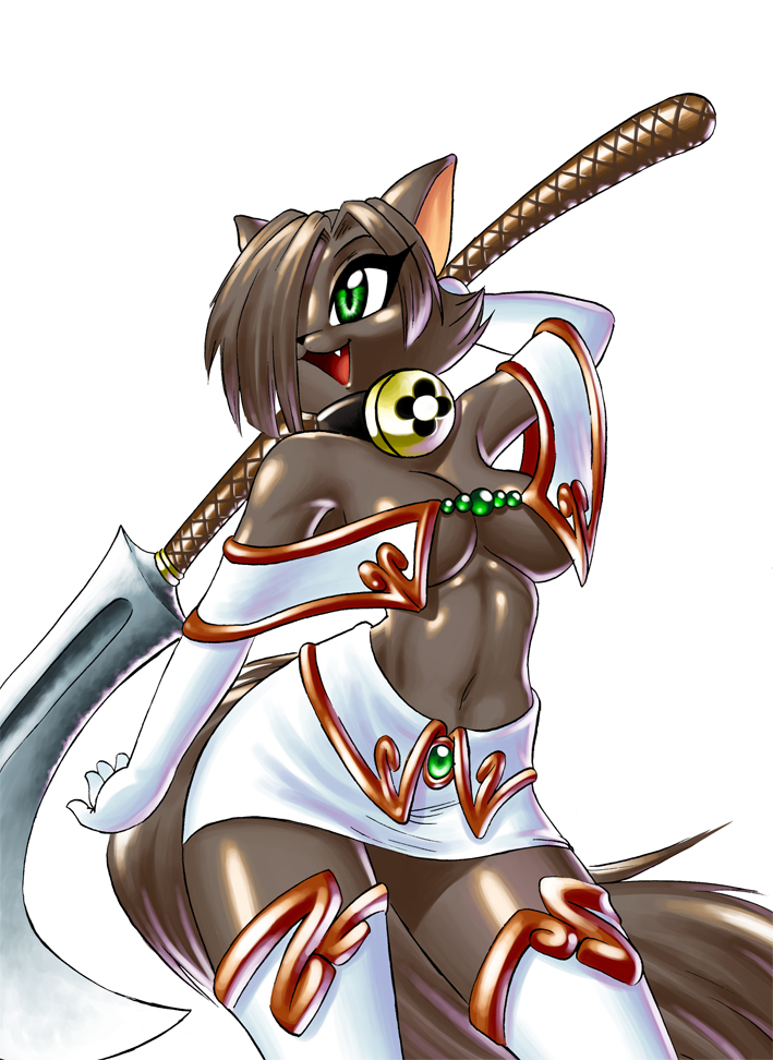 anthro bell clothed clothing collar female glaive holding_object holding_weapon melee_weapon polearm skimpy solo swordstaff tail weapon chochi domestic_cat felid feline felis mammal digital_media_(artwork)