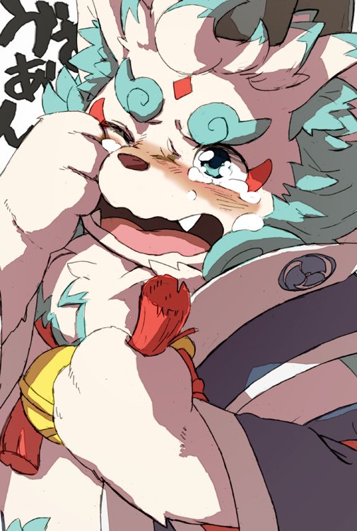 anthro asian_clothing bell bell_collar blush bodily_fluids clothing collar crying east_asian_clothing fur japanese_clothing male slightly_chubby solo tears white_body white_fur young hijirinoyuta asian_mythology east_asian_mythology japanese_mythology lifewonders mythology tokyo_afterschool_summoners agyo_(tas) foo_dog komainu mammal yokai