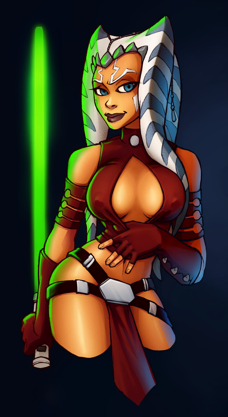 armwear black_background blue_eyes bottomwear breasts cleavage clothed clothing elbow_gloves female fingerless_gloves gloves green_lightsaber handwear head_tails lekku_(anatomy) lightsaber lips loincloth looking_at_viewer melee_weapon navel not_furry orange_body orange_skin reverse_grip simple_background solo teasing weapon wide_hips rockbottomfeeder star_wars ahsoka_tano alien alien_humanoid humanoid togruta hi_res