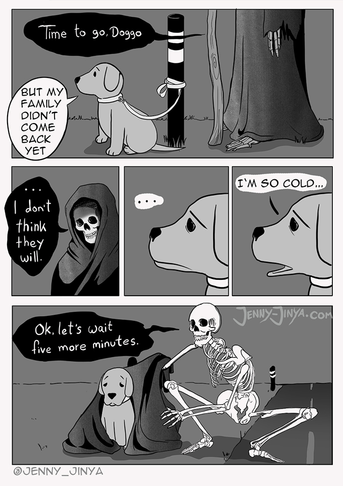 ambiguous_gender bone collar dialogue duo feral leash pole skeleton text jenny_jinya loving_reaper death_(personification) grim_reaper animated_skeleton canid canine canis domestic_dog mammal undead comic english_text greyscale monochrome male_(lore)