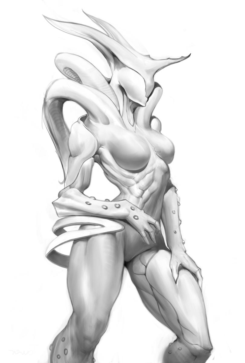 3_fingers 3_horns athletic athletic_female back_tentacles big_breasts biped breasts featureless_breasts featureless_crotch featureless_face female fingers horn multi_horn not_furry nude side_view simple_background solo standing tentacles thick_thighs white_background wide_hips towerpractice digital_extremes tencent warframe saryn_(warframe) alien alien_humanoid humanoid prime_warframe 2020 hi_res monochrome portrait shaded sketch soft_shading three-quarter_portrait