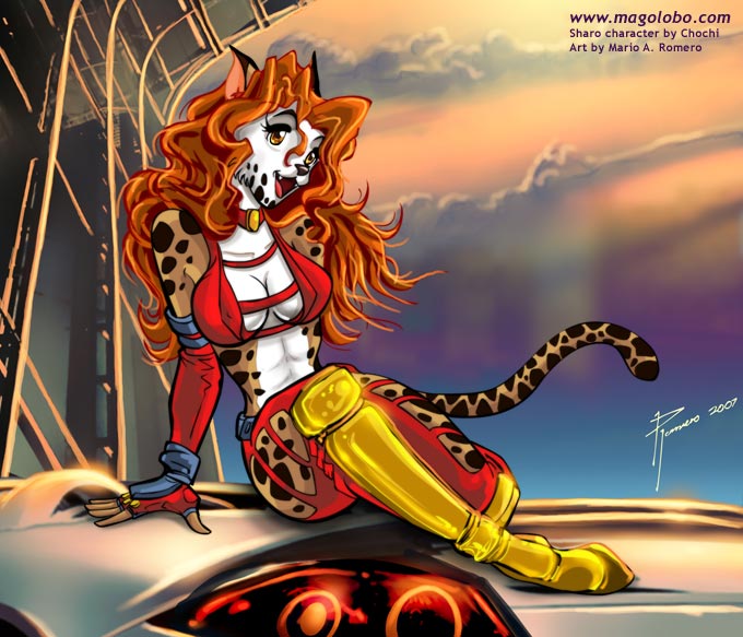 5_fingers anthro biped breasts brown_eyes car cleavage clothed clothing female fingers gloves hair handwear jewelry necklace on_hood orange_hair outside pose sky solo text vehicle magolobo domestic_cat felid feline felis mammal 2007 digital_media_(artwork) url