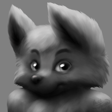 fluffy fur grey_background looking_at_viewer male nude simple_background smile solo acru_jovian canid canine canis domestic_dog mammal 1:1 2015 bust_portrait digital_media_(artwork) greyscale low_res monochrome portrait