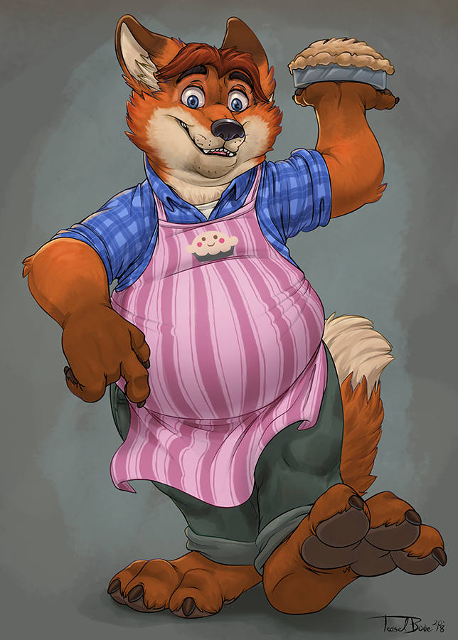 anthro apron baker belly big_belly blue_eyes brown_hair clothing dessert food fur hair male orange_body orange_fur overweight overweight_anthro overweight_male pastry paws pie plantigrade simple_background solo teaselbone disney zootopia gideon_grey canid canine fox mammal red_fox true_fox 2018