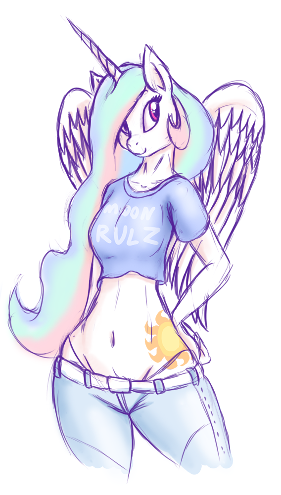 anthro anthrofied clothed clothing cutie_mark feathered_wings feathers female hair horn long_hair markings navel smile solo sun_(marking) white_body white_feathers wings weasselk friendship_is_magic hasbro my_little_pony mythology princess_celestia_(mlp) equid equine mammal mythological_creature mythological_equine winged_unicorn 2015