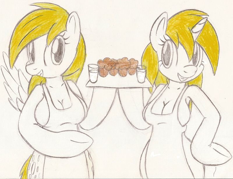 anthro anthrofied apron big_breasts blonde_hair breasts clothing cutie_mark duo feathered_wings feathers female food hair horn huge_breasts long_hair looking_at_viewer milk muffin smile wings tg-0 friendship_is_magic hasbro my_little_pony mythology derpy_hooves_(mlp) dinky_hooves_(mlp) equid equine mammal mythological_creature mythological_equine pegasus unicorn traditional_media_(artwork) mother_(lore) parent_(lore)