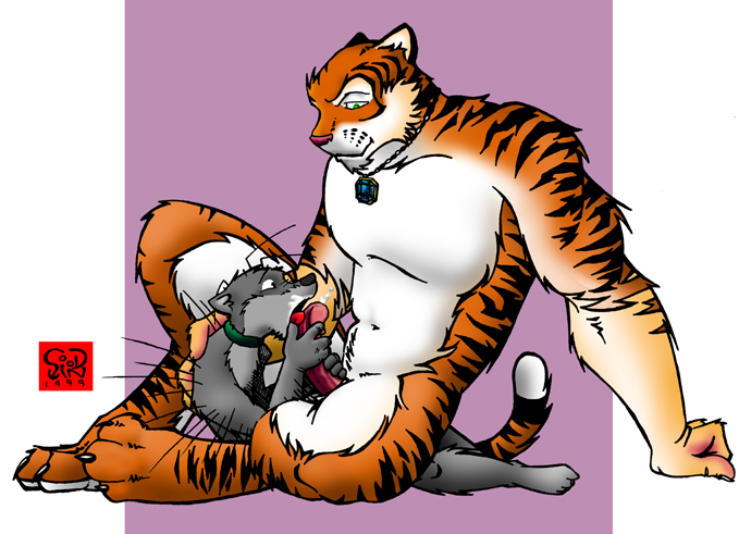 anthro collar duo fellatio genitals humanoid_genitalia humanoid_penis male male/male muscular nude oral penile penis sex size_difference chris_goodwin winterrock_(partran) partran_(tiger) felid mammal pantherine porcupine rodent tiger 1999 archived_source digital_media_(artwork)