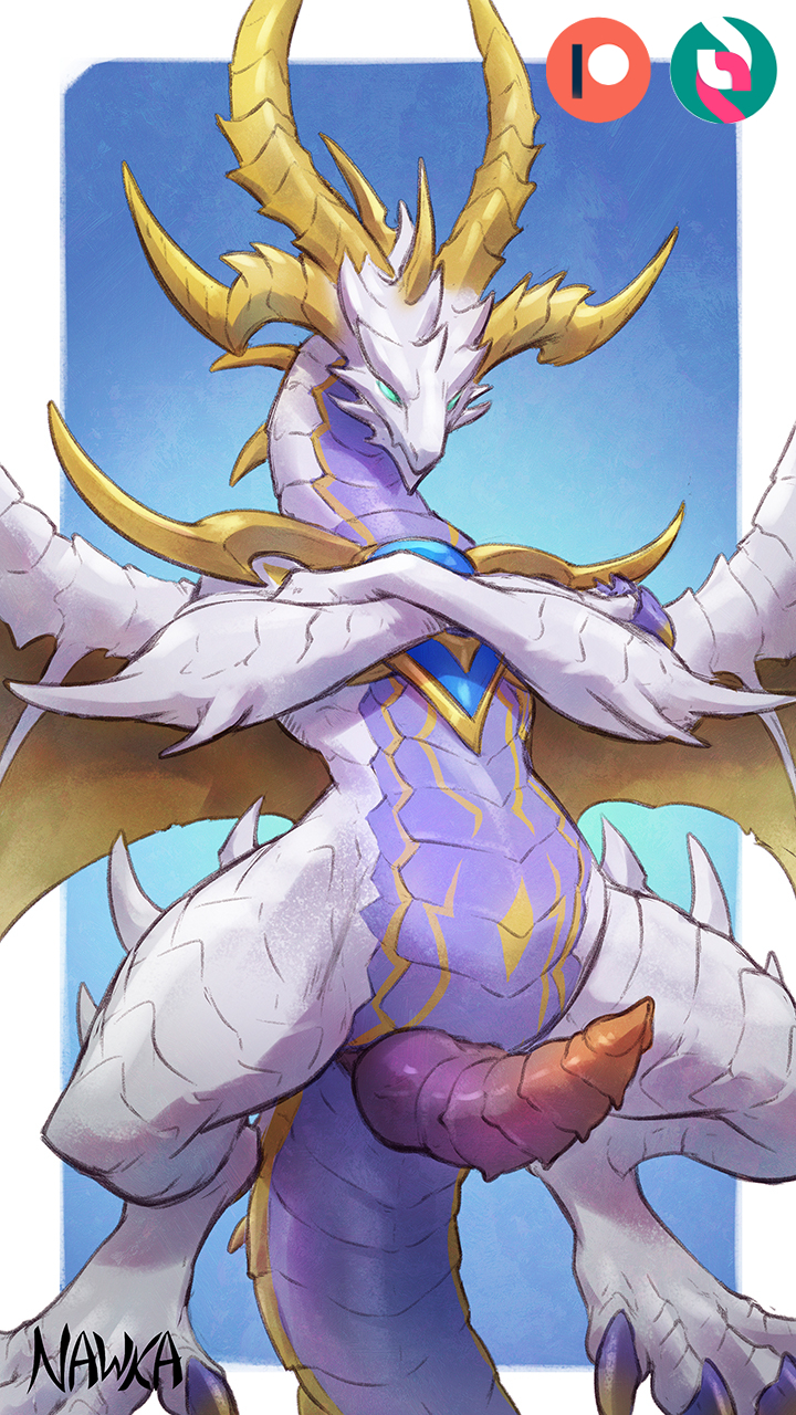 4_horns big_penis blue_background crossed_arms erection feral genitals green_eyes horn knot male multi_horn multicolored_body multicolored_scales penis purple_body purple_scales ridged_penis scales semi-anthro simple_background solo tail tapering_penis white_body white_scales yellow_body yellow_scales nawka cygames dragalia_lost european_mythology mythology nintendo elysium_(dragalia_lost) dragon mythological_creature mythological_scalie scalie western_dragon 2022 9:16 hi_res