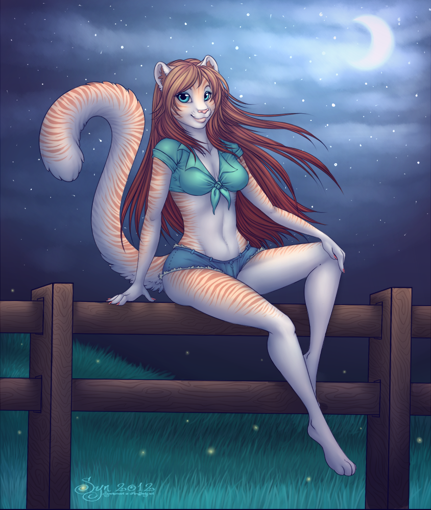 anthro barefoot bottomwear clothing denim denim_clothing feet female hair long_hair looking_at_viewer midriff moon shirt shorts sitting solo stripes tail tied_shirt topwear syntharia_desire felid mammal pantherine tiger 2012