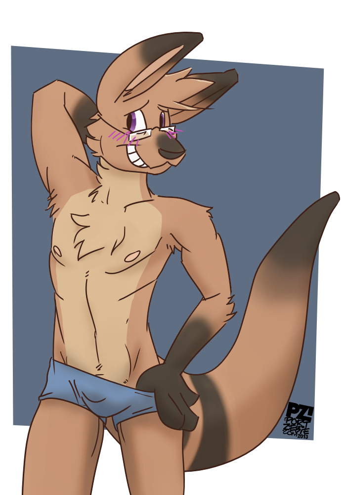 anthro black_nose blush bulge chest_tuft clothed clothing eyewear fur glasses hand_behind_head male nipples purple_eyes solo topless tuft portzebie eddie_(atlas_rysios) kangaroo macropod mammal marsupial