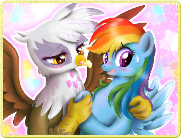 amber_eyes beak blonde_hair blue_body blue_feathers blue_fur blue_hair blush bodily_fluids duo feathered_wings feathers female feral fur green_hair hair mouth_hold multicolored_hair orange_hair purple_eyes purple_hair rainbow_hair red_hair sweat sweatdrop wings bisco friendship_is_magic hasbro my_little_pony mythology gilda_(mlp) rainbow_dash_(mlp) avian equid equine gryphon mammal mythological_avian mythological_creature mythological_equine pegasus