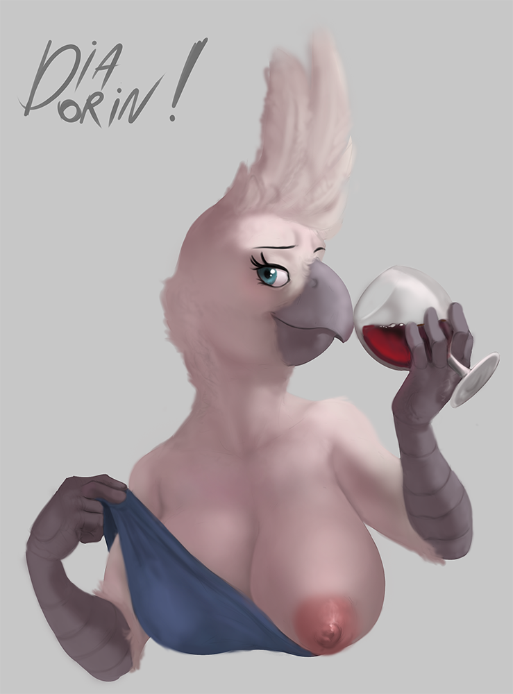 alcohol anthro areola beak beverage big_breasts breasts clothed clothing feathers female flashing glass holding_object looking_at_viewer nipples non-mammal_breasts non-mammal_nipples one_breast_out partially_clothed simple_background smile solo white_background wine diadorin anna_(luke154) avian bird cacatua cockatoo parrot umbrella_cockatoo 2015 bust_portrait portrait