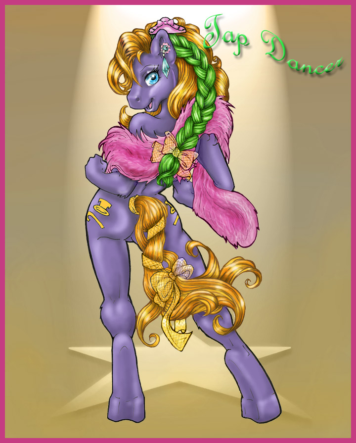 anthro border dancing exposed female mostly_nude pink_border pose pre-g4 ribbons simple_background solo vera_(artist) hasbro mlp_g1 my_little_pony tap_dancer_(mlp) equid equine horse mammal pony