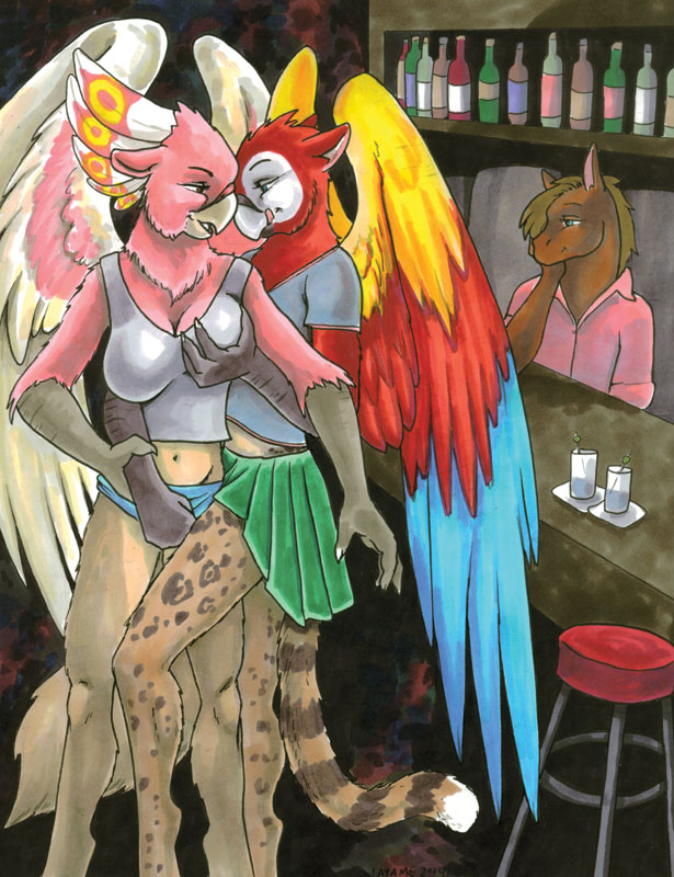 anthro bar beak being_watched bottomwear breast_fondling breast_grab breast_play breasts claws clothed clothing feathered_wings feathers female female/female fondling grope group hand_on_breast inside intraspecies looking_at_another non-mammal_breasts public skirt tail tail_under_skirt tongue tongue_out wings ayame_emaya mythology pico_(ayame_emaya) xan_(ayame_emaya) ara_(genus) avian bird canid canine canis chimera cockatoo dingo domestic_dog felid feline gryphon leopardus macaw major_mitchell's_cockatoo mammal margay mythological_avian mythological_creature neotropical_parrot parrot scarlet_macaw true_parrot