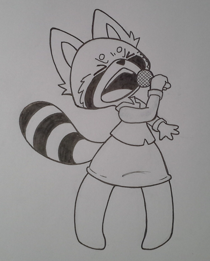 anthro electronics eyes_closed female microphone open_mouth singing solo caffeinerabbit aggretsuko sanrio retsuko ailurid mammal red_panda black_and_white monochrome traditional_media_(artwork)