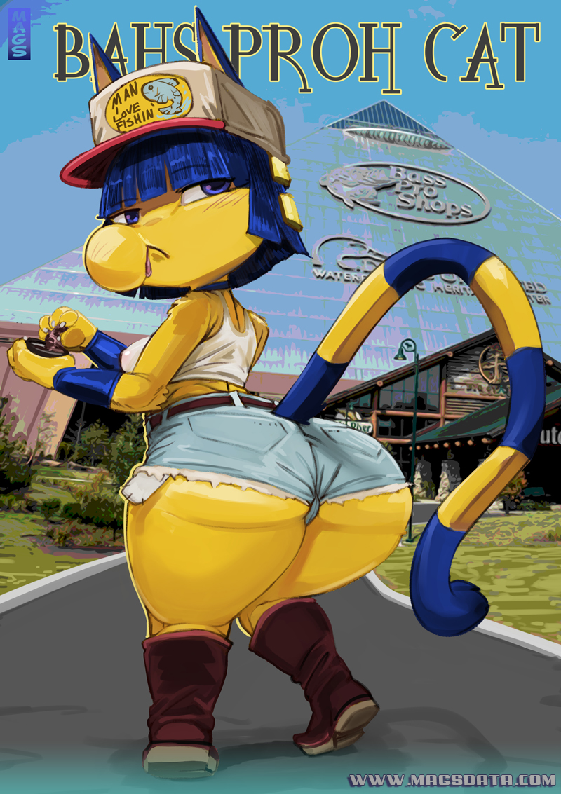 anthro big_butt boots bottomwear butt clothed clothing denim denim_bottomwear denim_clothing denim_shorts eating female footwear fur hat headgear headwear memphis_pyramid shoes shorts solo tail underbutt yellow_body magsama animal_crossing bass_pro_shops nintendo ankha_(animal_crossing) felid feline mammal 2022 digital_media_(artwork)