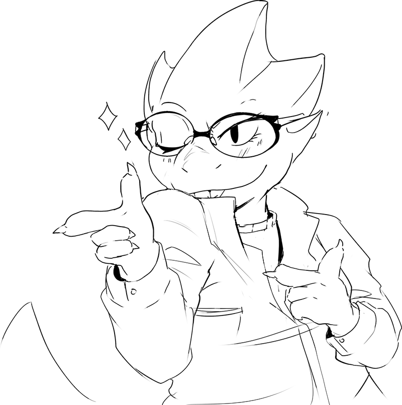 anthro clothing eyewear female finger_gun gesture glasses hand_gesture jacket one_eye_closed simple_background solo topwear wink jazzycat undertale undertale_(series) alphys lizard reptile scalie monochrome