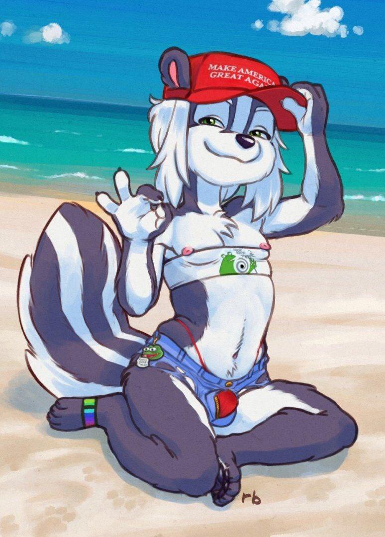 anthro beach bulge clothing cloud day femboy furgonomics gesture hand_gesture hat headgear headwear looking_at_viewer maga_hat male midriff navel nipple_slip nipples ok_sign politics sea seaside sitting sky smile solo unzipped visible_underwear water young young_anthro zipper rb make_america_great_again pepe_the_frog mammal mephitid skunk meme