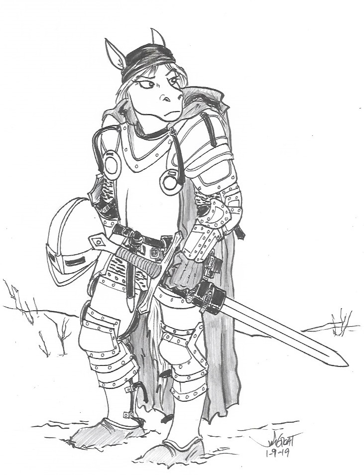 anthro armor cape clothing female frown gauntlets gloves handwear headgear helmet inner_ear_fluff knight looking_back melee_weapon outside simple_background solo standing sword tuft warrior weapon rabbi-tom red_shetland equid equine horse mammal 2019 monochrome