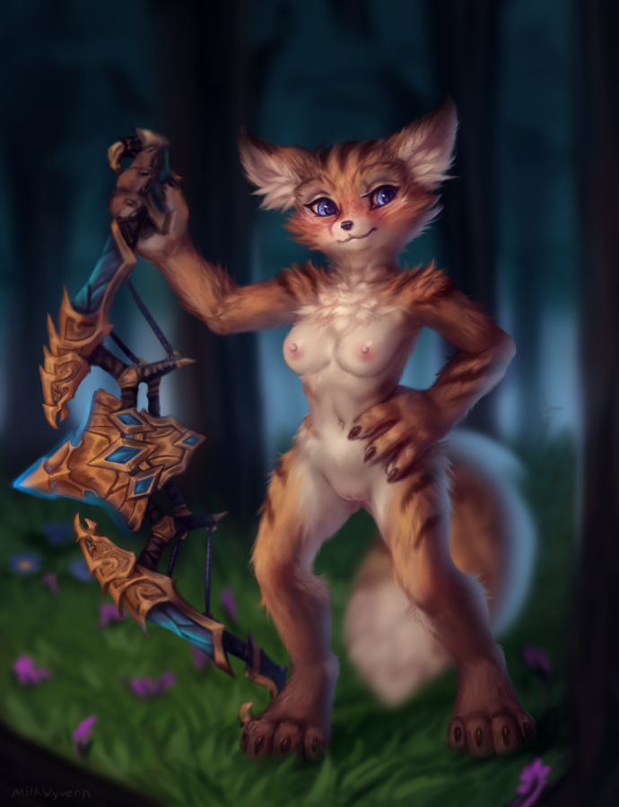 4_toes anthro blue_eyes blurred_background blush bow_(weapon) breasts cheek_tuft facial_tuft feet female fur genitals holding_object holding_weapon inner_ear_fluff looking_at_viewer navel nipples nude pink_nipples plump_labia pussy ranged_weapon smile solo standing toes tuft weapon milkwyvern blizzard_entertainment warcraft nidsi_the_vulpera canid mammal vulpera 2021 full-length_portrait portrait