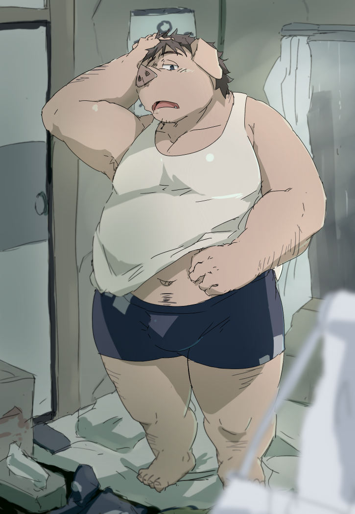 anthro belly clothed clothing detailed_background humanoid_hands inside kemono male navel overweight overweight_anthro overweight_male shirt solo standing topwear underwear train_(artist) domestic_pig mammal suid suina sus_(pig) 2018