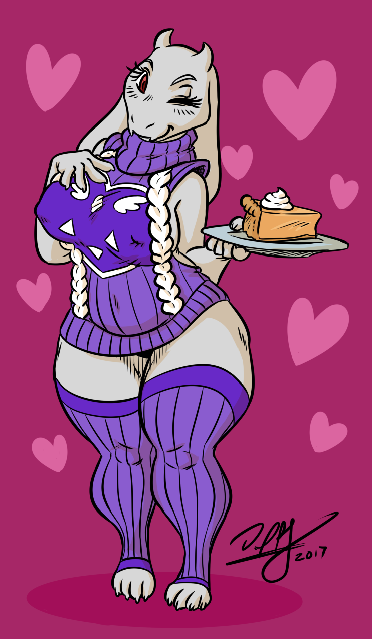 anthro big_breasts breasts clothing female food horn looking_at_viewer one_eye_closed red_eyes smile solo sweater thick_thighs topwear virgin_killer_sweater wide_hipped_female wide_hips wink baikobits meme_clothing undertale undertale_(series) toriel boss_monster_(undertale) bovid caprine mammal 2017 hi_res meme