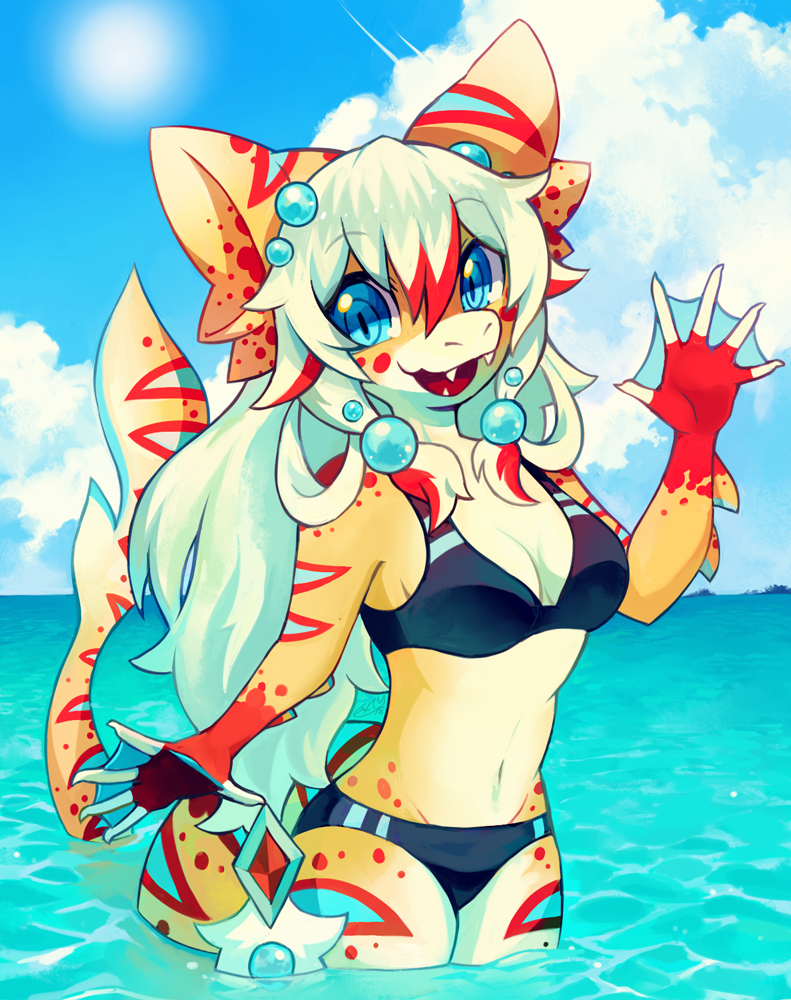 anthro bikini blue_eyes breasts bubble claws cleavage clothed clothing fangs female fin gem gesture hair happy jewelry long_hair long_tail looking_at_viewer membrane_(anatomy) non-mammal_breasts open_mouth smile solo spandex swimwear tail teeth tight_clothing two-piece_swimsuit waving webbed_hands wide_hips extyrannomon_(artist) sushi_(sootsprite) fish marine shark