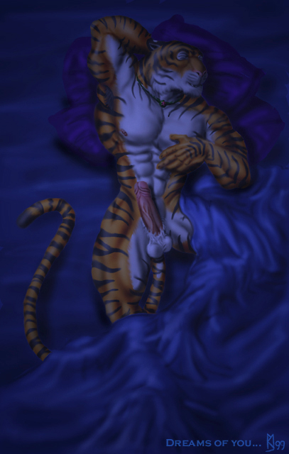 abs anthro armpit_hair balls bed biceps body_hair erection eyes_closed furniture genitals humanoid_genitalia humanoid_penis male muscular muscular_anthro muscular_male nipples nude on_bed pecs penis sleeping solo stripes tail under_covers sudonym felid mammal pantherine tiger 1999